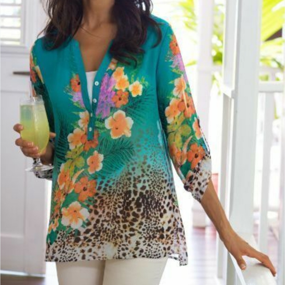 Soft Surroundings Tropical Mixed Print Tunic Top